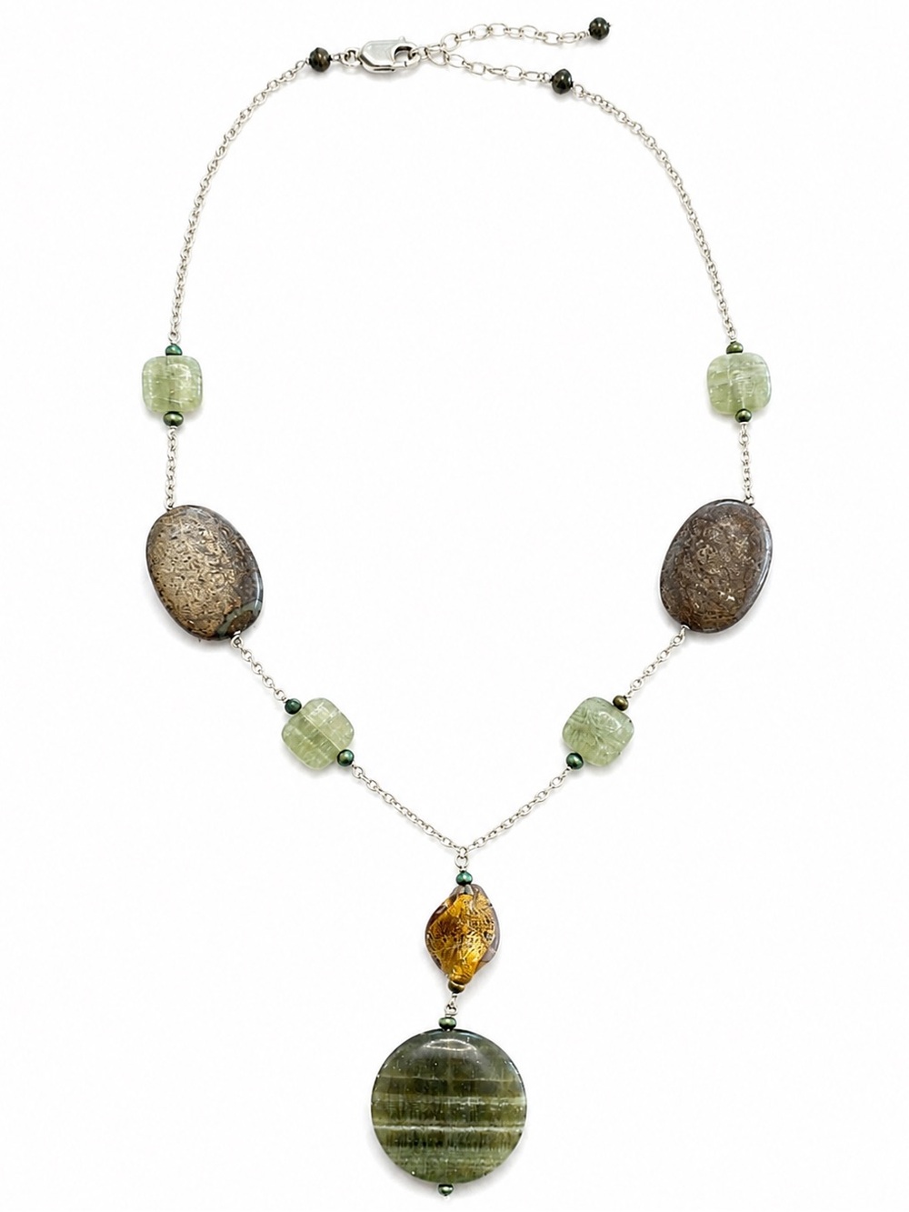 Handmade Sterling Silver 925 Gemstone Glass Bead Pearl Drop Necklace 18”